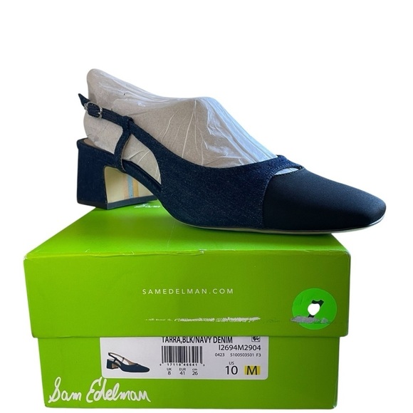 Sam Edelman Tarra Slingback Pumps Black/Navy Denim Block Heel Size 10 New in Box - Picture 4 of 12